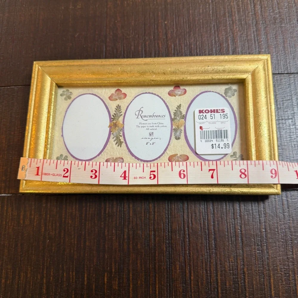 Vintage Gold Triple Oval Photo Frame Pressed Flowers 5x9 Table Top Cottagecore